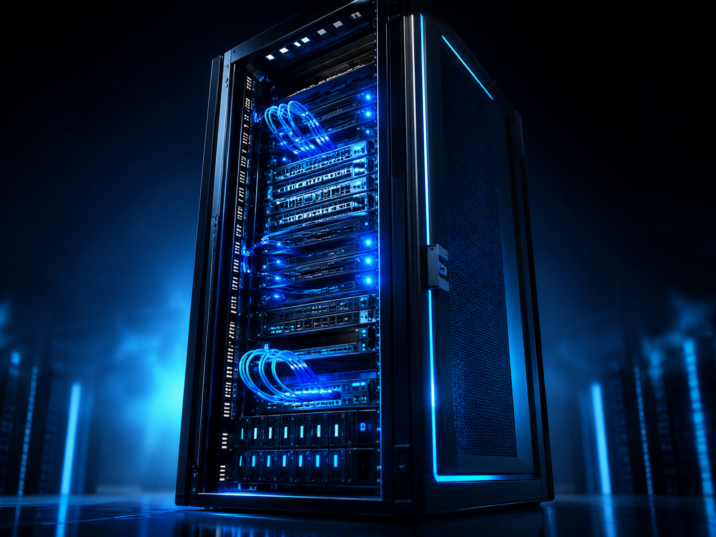 Cinematic 3D render of a glowing data-centre server rack representing a GSA Search Engine Ranker VPS