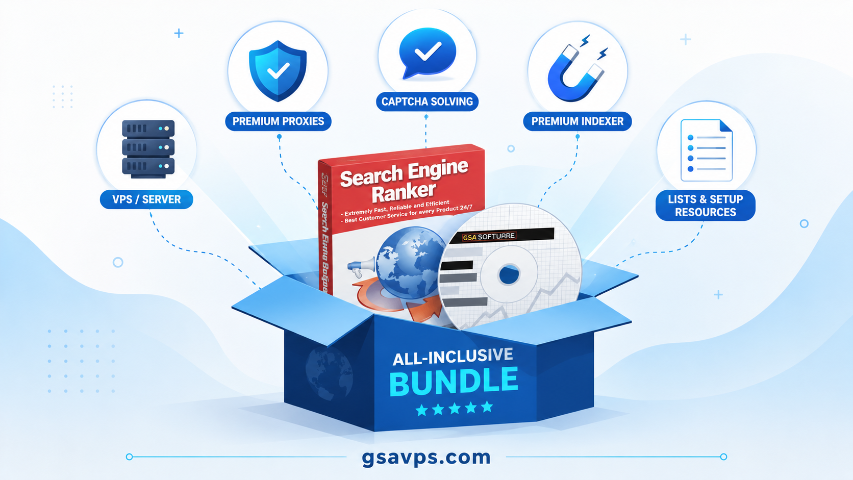 Flat illustration of a bundled GSA SER VPS stack: server, proxies, captcha solver, indexer and verified link list