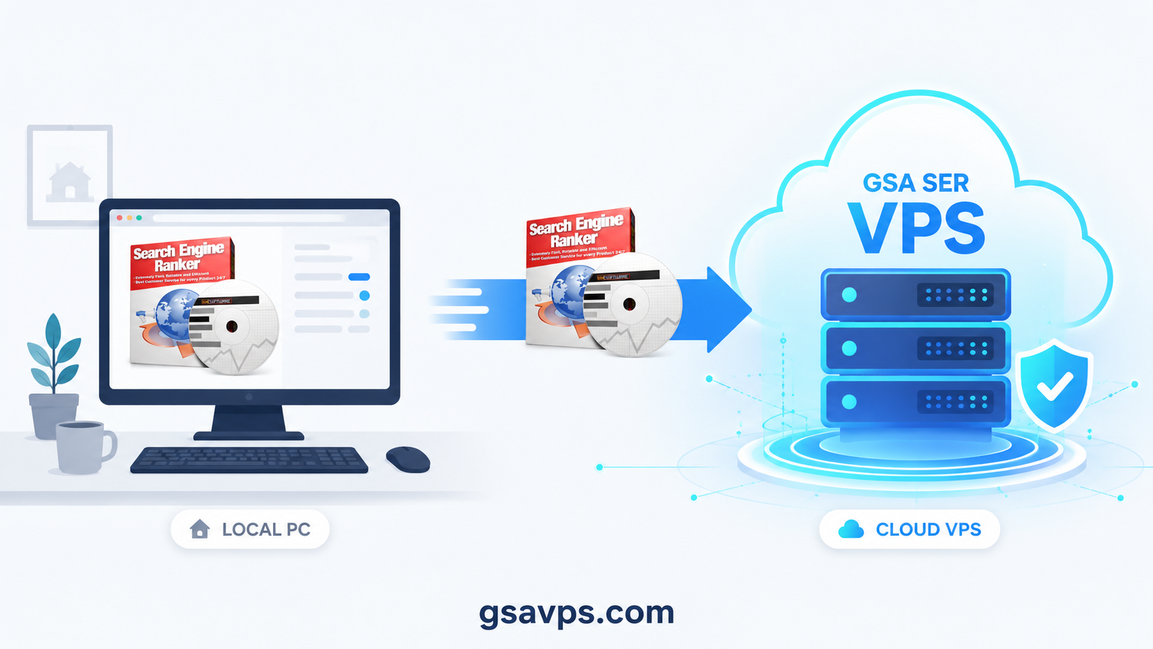 Flat illustration showing GSA Search Engine Ranker running on a cloud VPS instead of a home computer
